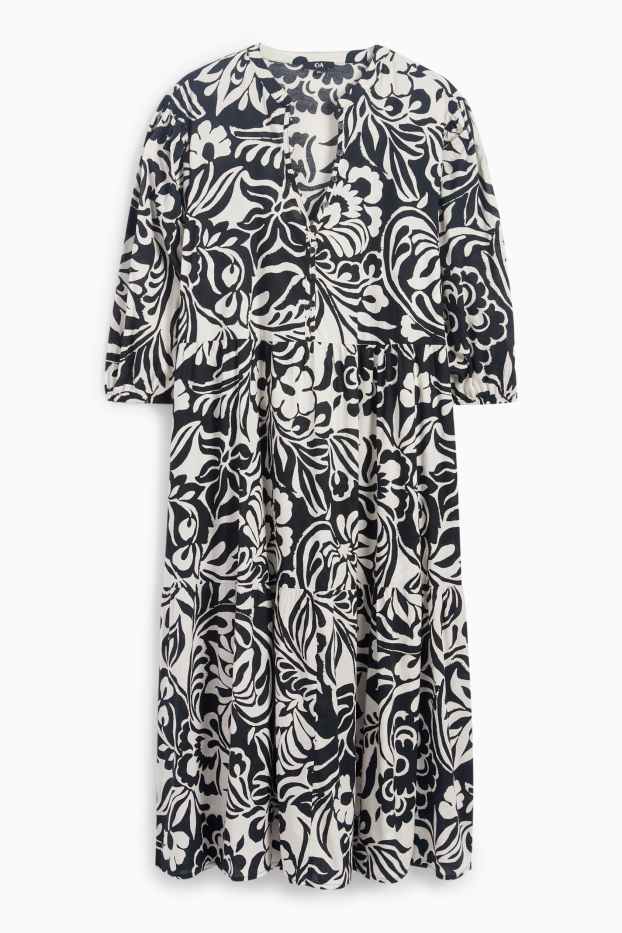 Dames - Blousejurk met V-hals - gebloemd - zwart / beige