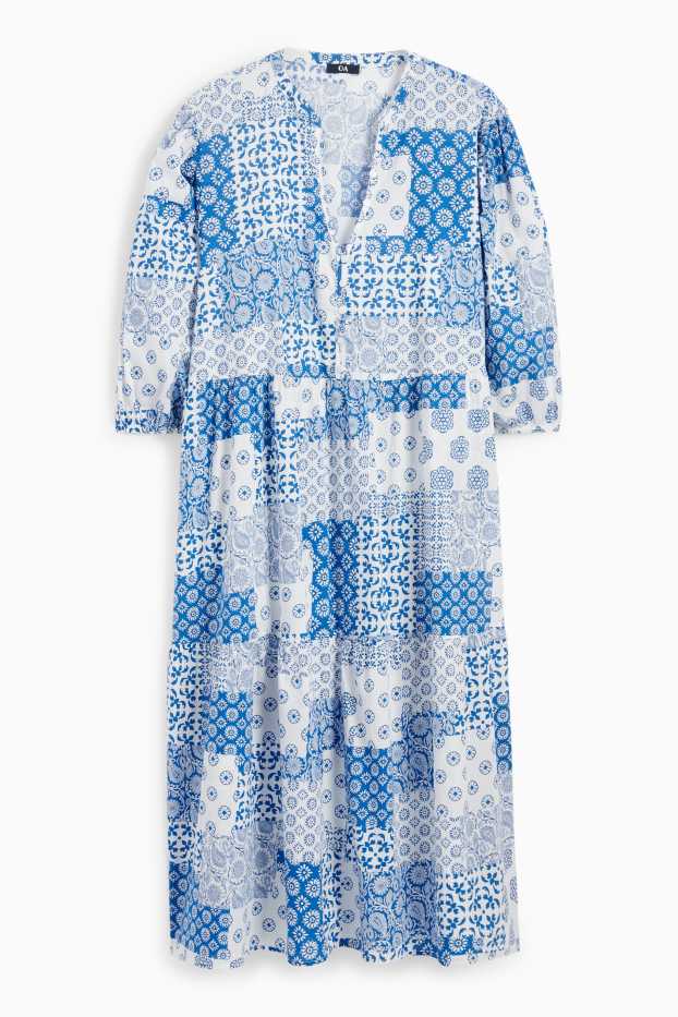 Donna - Vestito con scollo a V - fantasia - bianco / azzurro