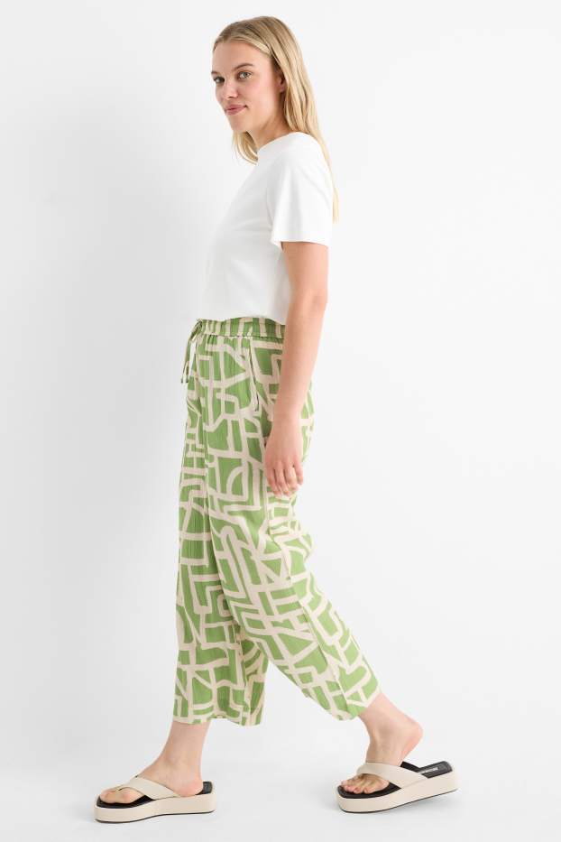 Femmes - Pantalon en toile - high waist - wide leg - à motif - texturé - vert / beige