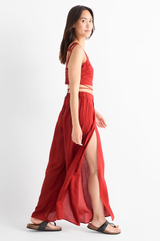 Damen - Strandhose - High Waist - Loose Fit - dunkelrot