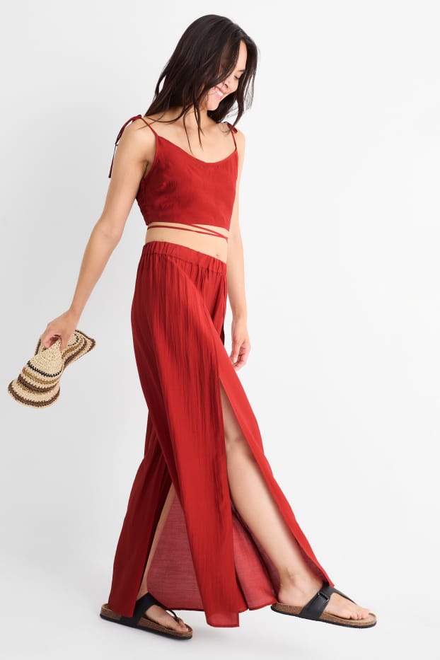 Damen - Strandhose - High Waist - Loose Fit - dunkelrot