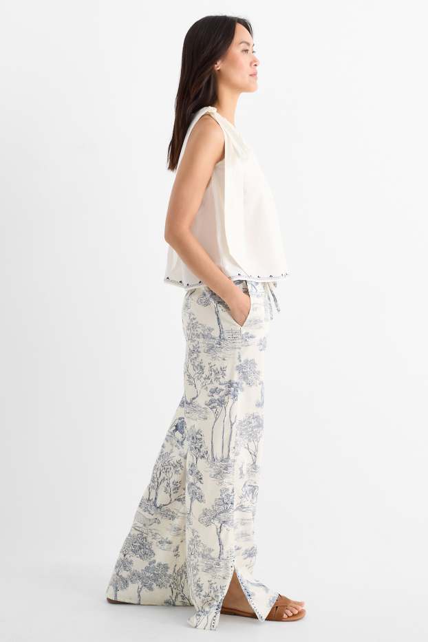Femmes - Rangsutra x C&A - pantalon en tissu - high waist - Palazzo - bleu foncé / blanc crème