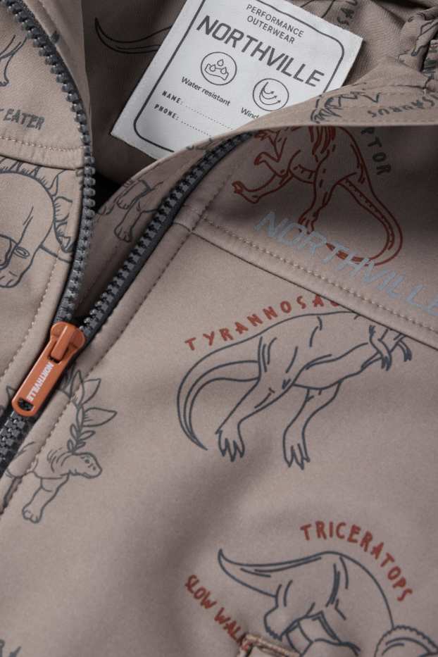 Dzieci chłopcy - Dinozaur - kurtka softshell z kapturem - nieprzemakalna - brązowy
