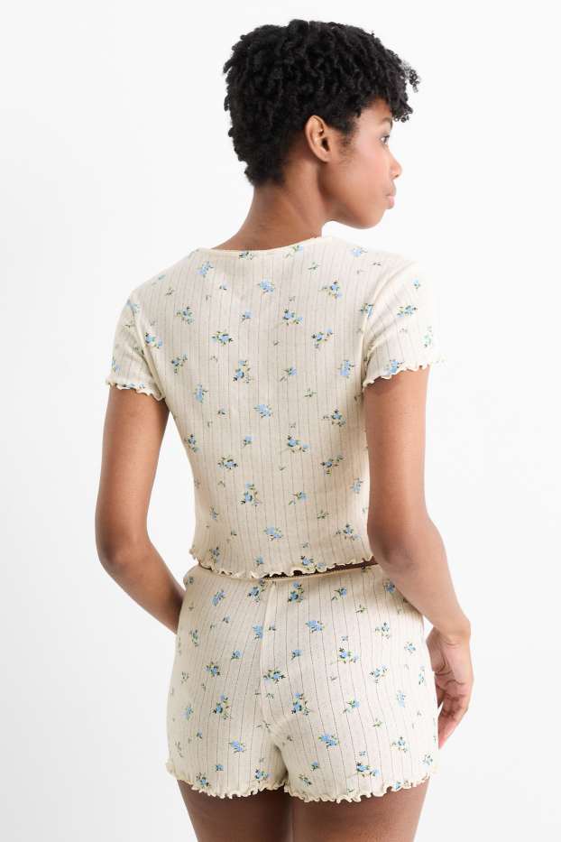 Damen - Crop T-Shirt - geblümt - cremeweiß