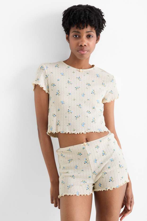 Damen - Crop T-Shirt - geblümt - cremeweiß