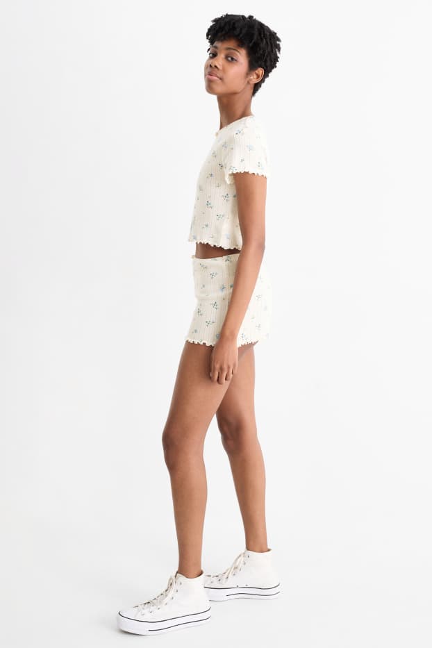 Dames - Korte broek - mid waist - gebloemd - crème wit