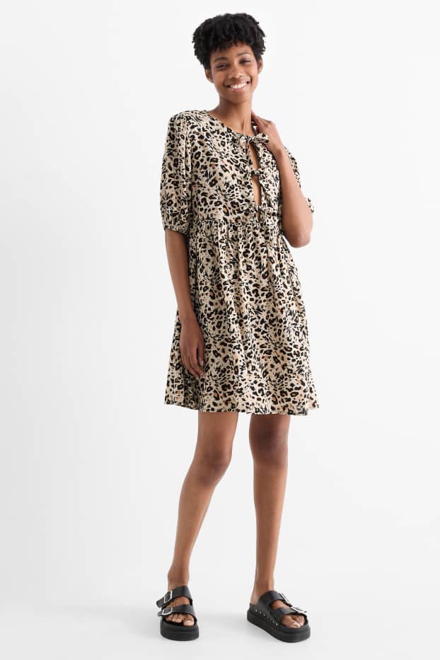 Damen - A-Linien Kleid mit Leinen-Anteil - Leo-Print - schwarz / beige
