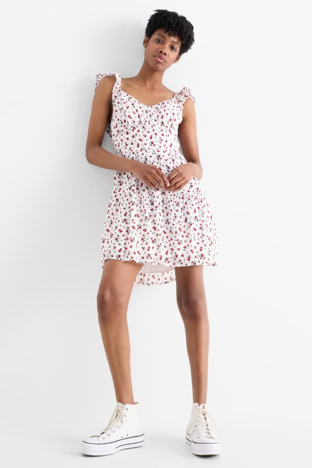 Damen - Kleid mit Volants - geblümt - weiß