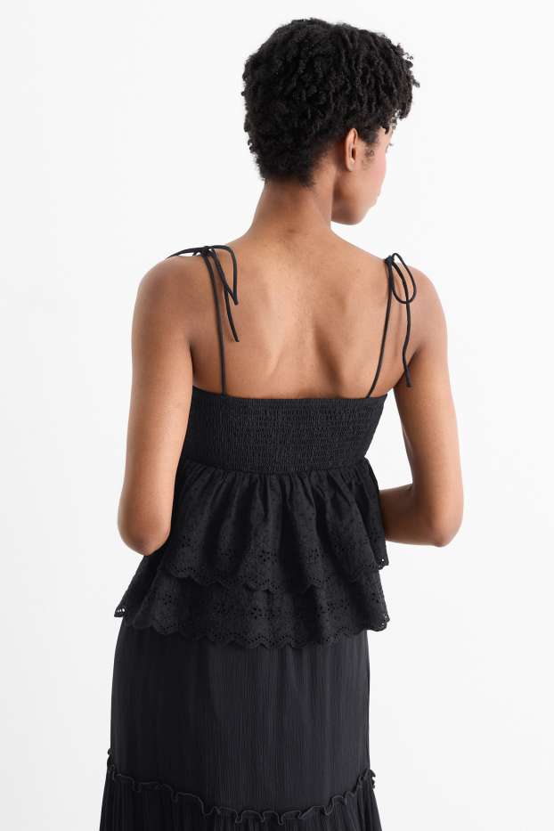 Damen - Blusentop - Broderie Anglaise - gesmokt - schwarz