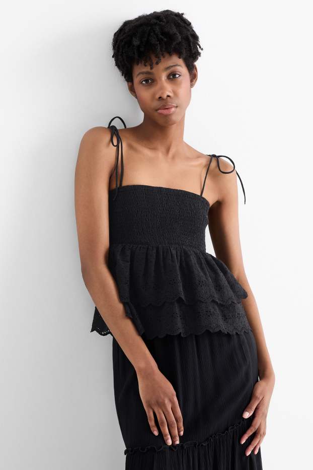 Damen - Blusentop - Broderie Anglaise - gesmokt - schwarz