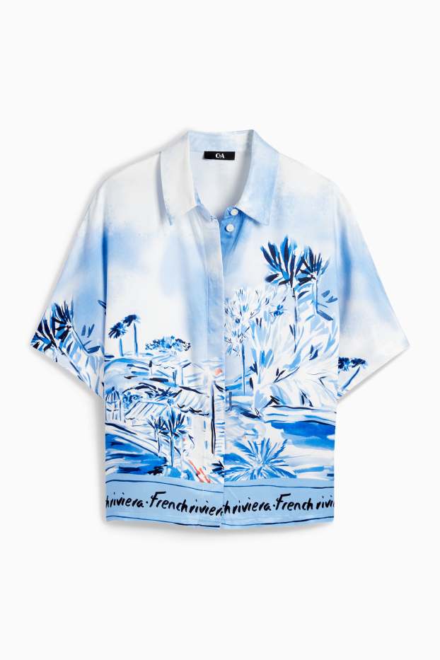 Damen - Bluse - gemustert - weiss / hellblau