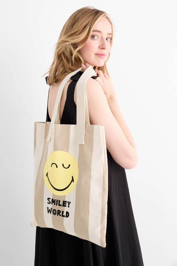 Women - Large shopper - striped - SmileyWorld® - beige