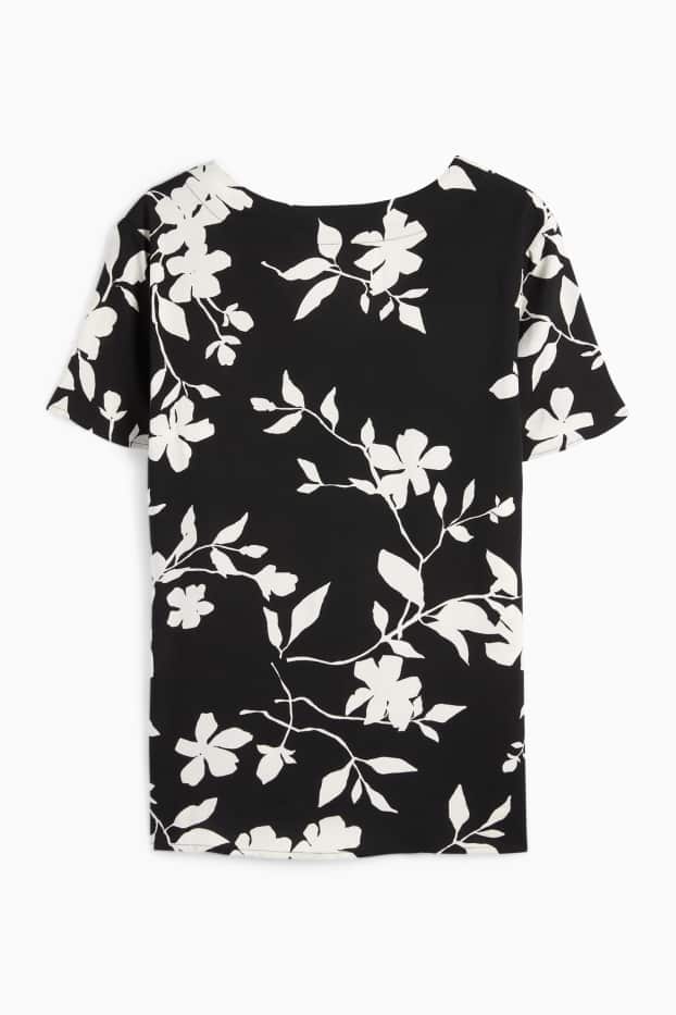 Dames - Blouse met V-hals - gebloemd - zwart / wit