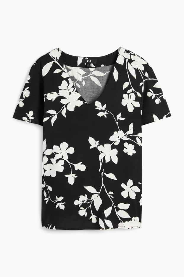 Dames - Blouse met V-hals - gebloemd - zwart / wit