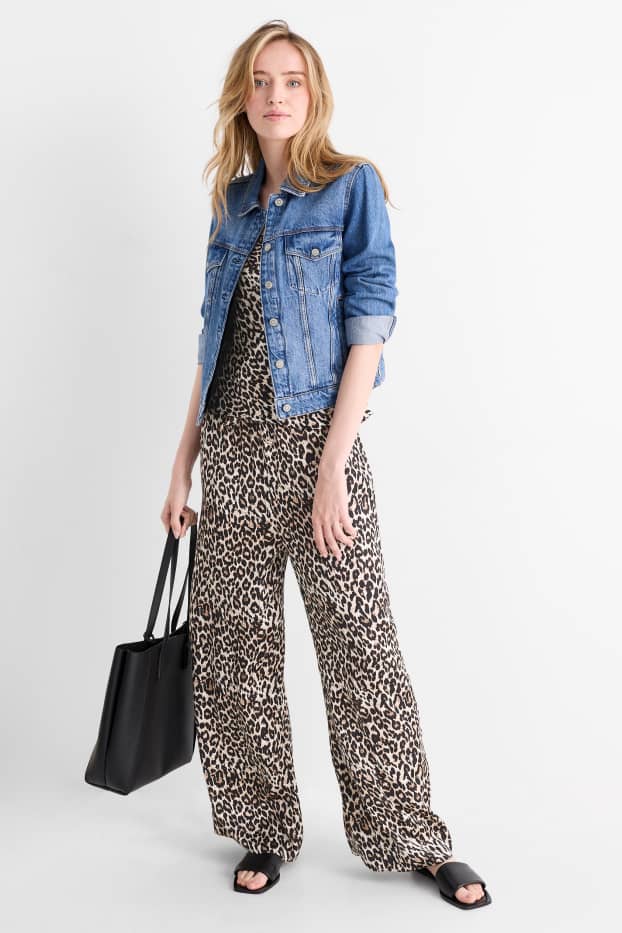 Femmes - Pantalon en toile - high waist - jambes larges - imprimé léopard - noir / beige