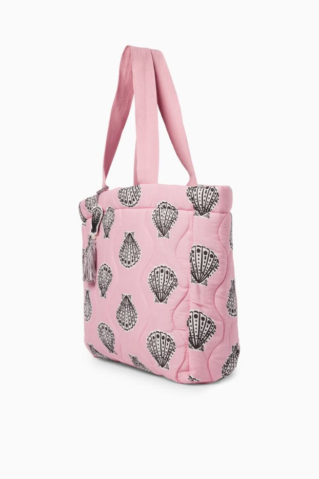 Dámské - Velká prošívaná kabelka shopper - se vzorem - růžová