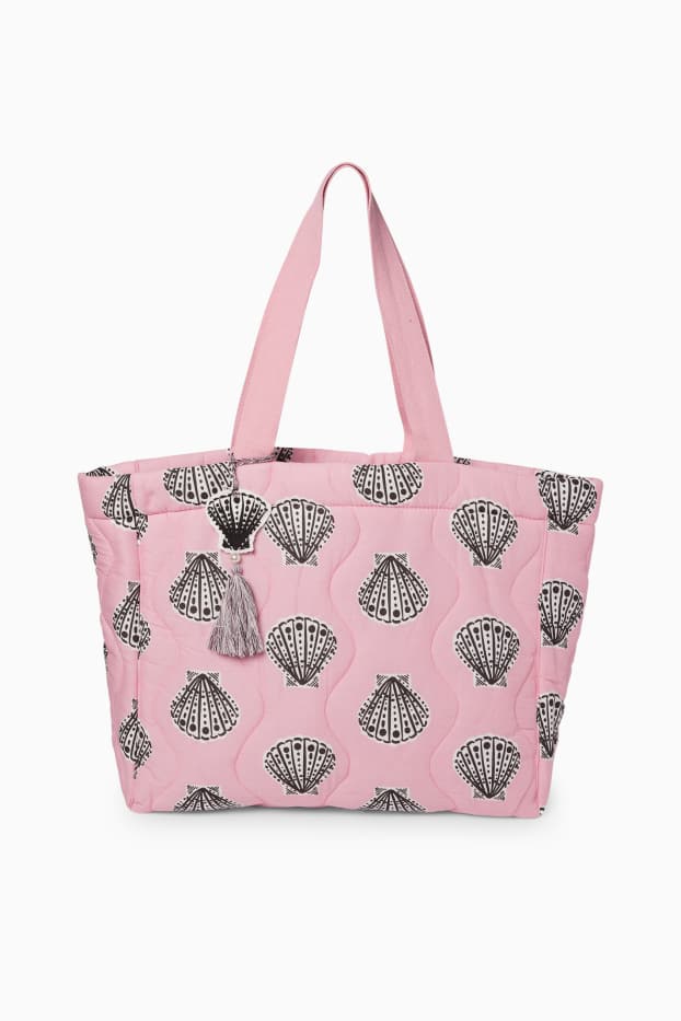 Dámské - Velká prošívaná kabelka shopper - se vzorem - růžová