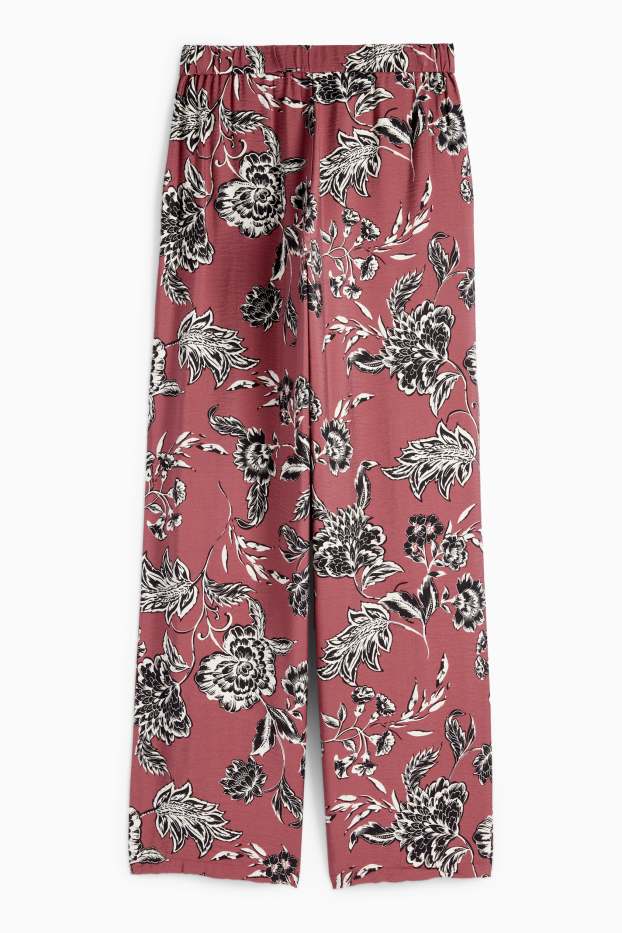 Damen - Stoffhose - High Waist - Wide Leg - geblümt - bordeaux