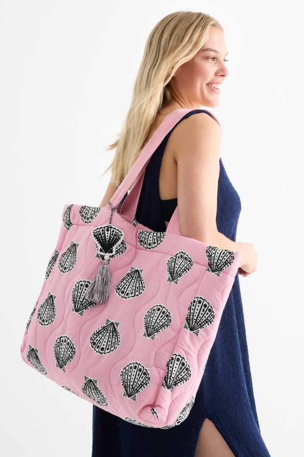 Dámské - Velká prošívaná kabelka shopper - se vzorem - růžová