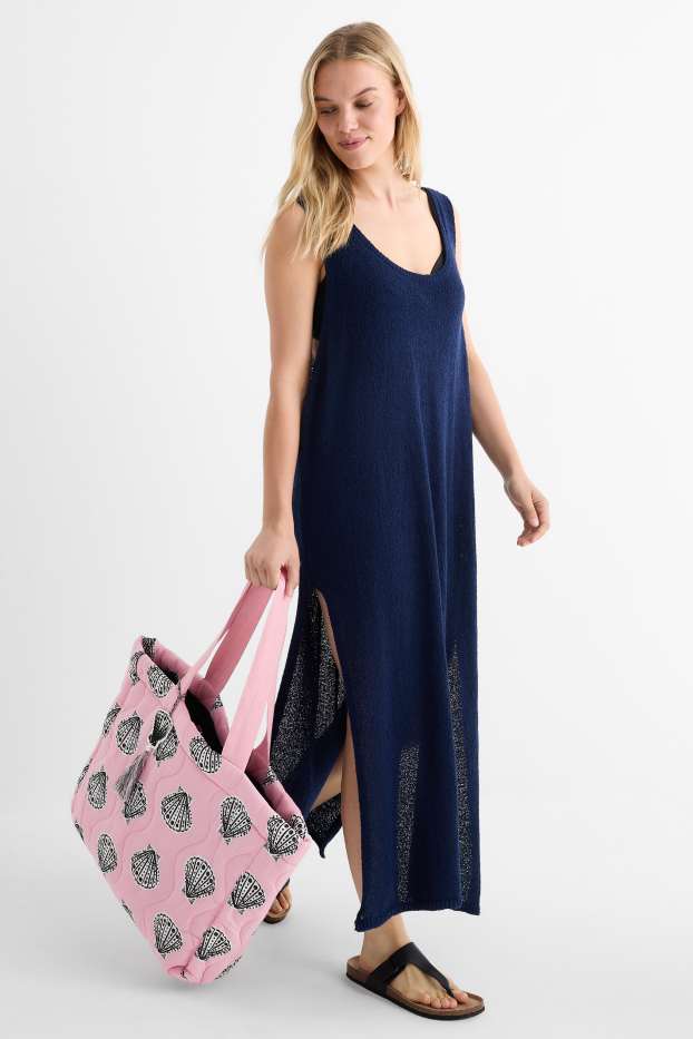 Dámské - Velká prošívaná kabelka shopper - se vzorem - růžová