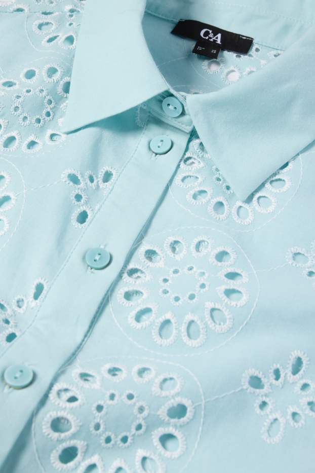 Damen - Bluse - Broderie Anglaise - türkis