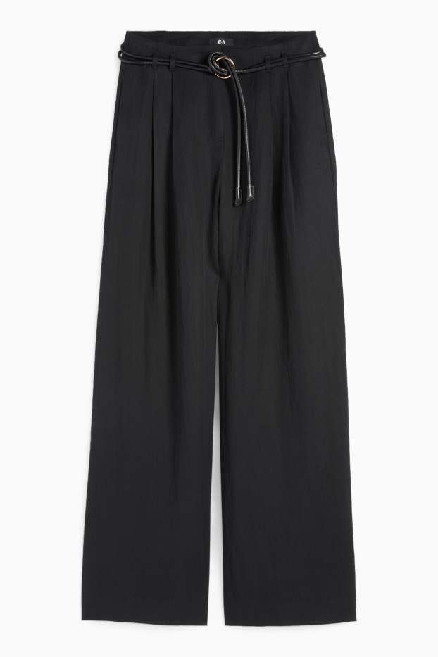 Femei - Pantaloni de stofă cu curea - talie înaltă - wide leg - negru