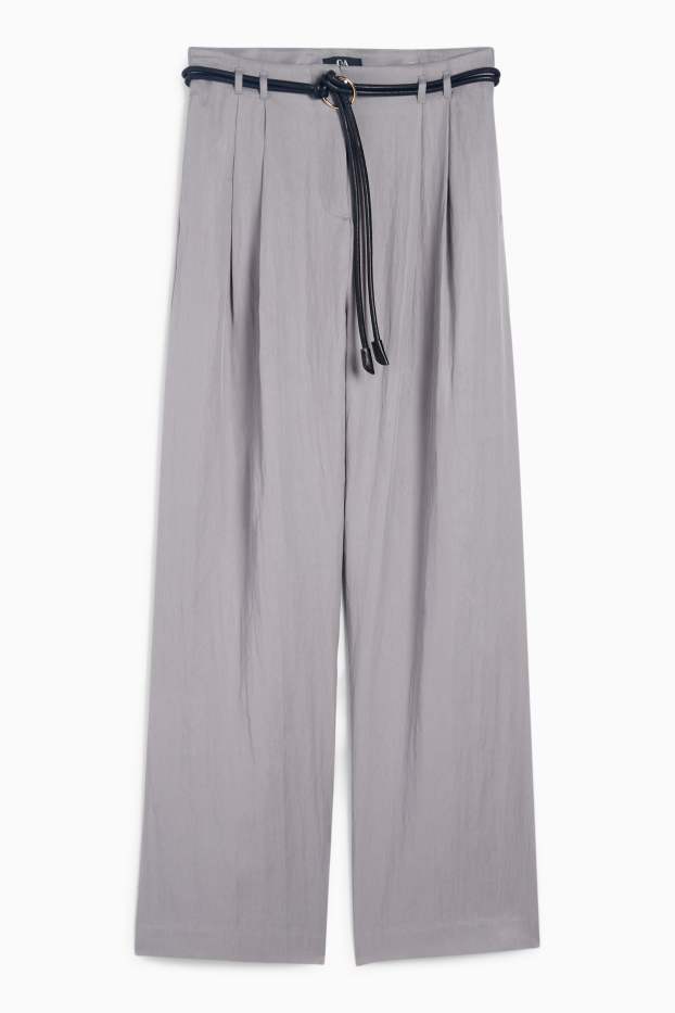 Femei - Pantaloni de stofă cu curea - talie înaltă - wide leg - gri