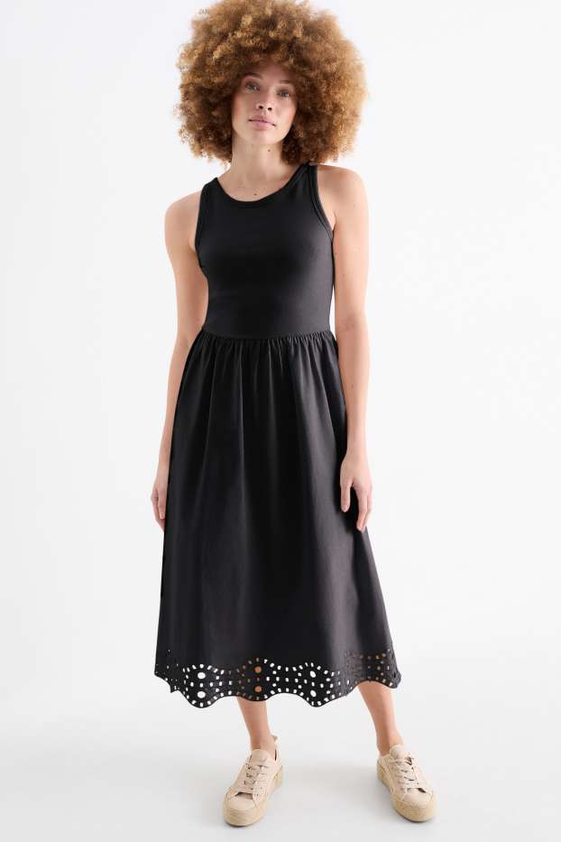 Damen - Fit & Flare Kleid - Broderie Anglaise - schwarz