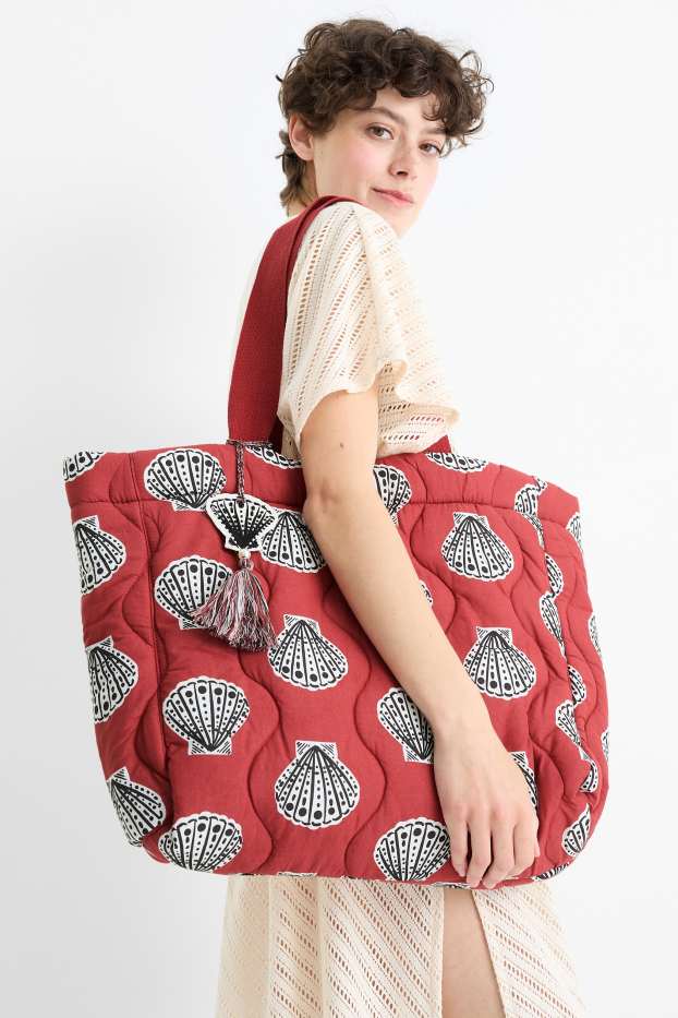 Femmes - Grand cabas surpiqué - à motif - rouge