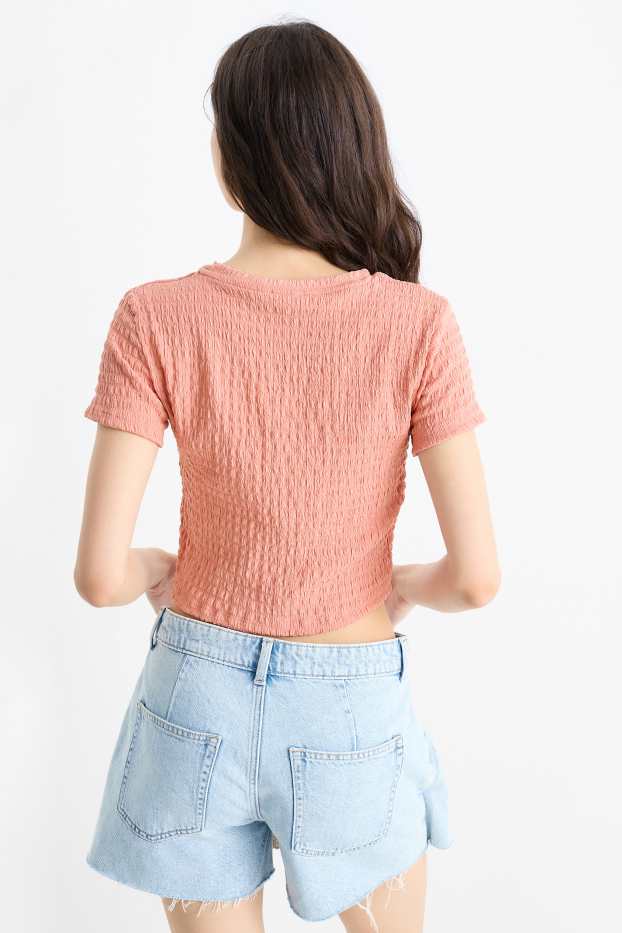 Women - Cropped T-shirt - textured - salmon coloured
