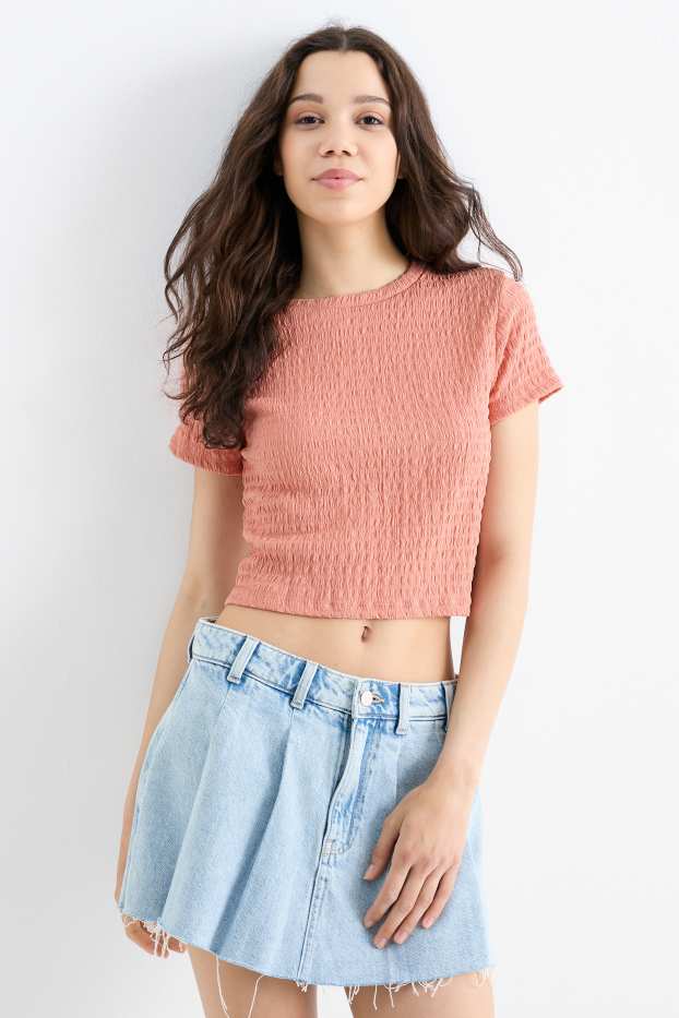 Women - Cropped T-shirt - textured - salmon coloured