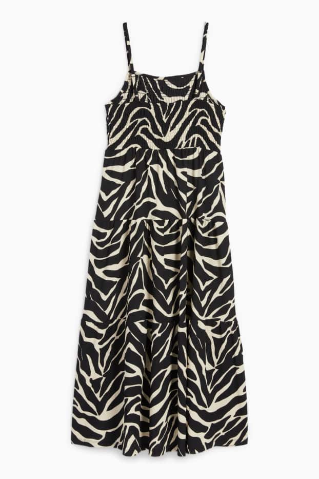 Women - Fit & flare dress - patterned - textured - smocked - black / beige