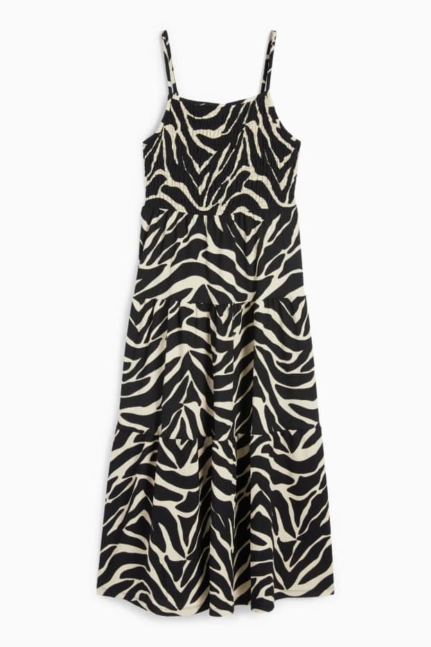 Women - Fit & flare dress - patterned - textured - smocked - black / beige