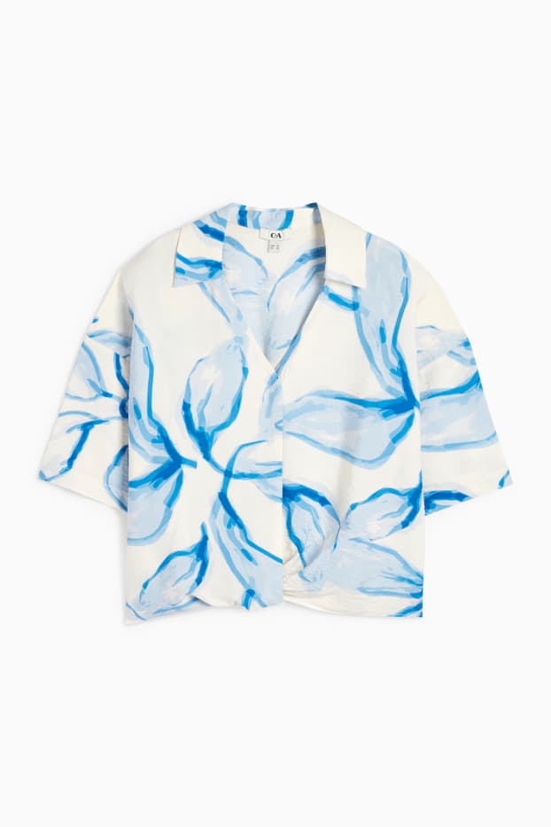 Damen - Bluse mit V-Ausschnitt - gemustert - weiss / hellblau