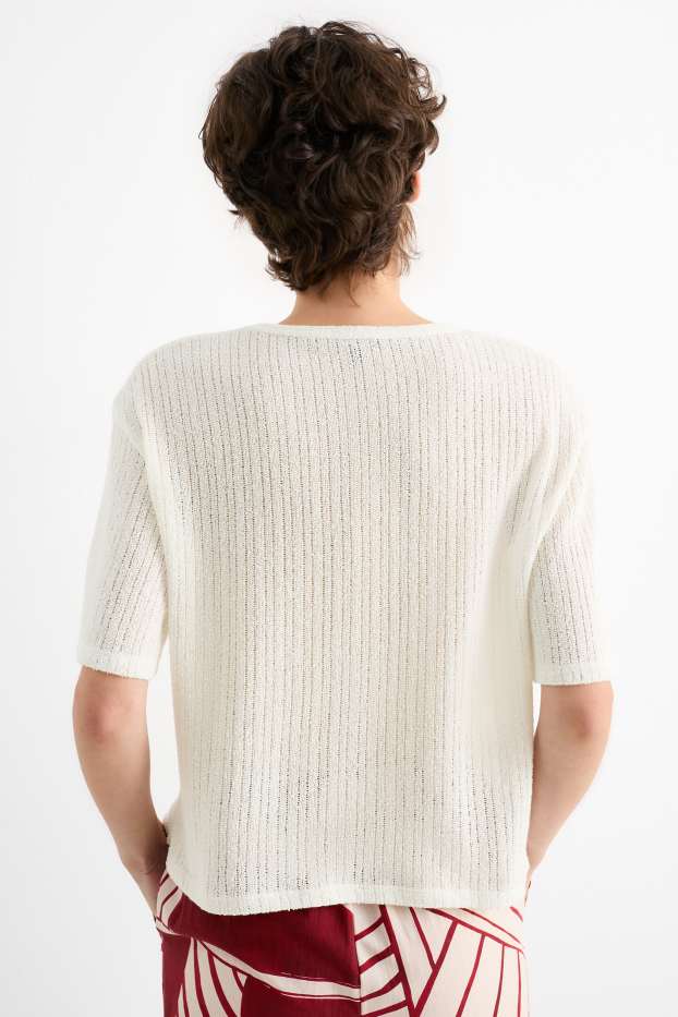 Women - T-shirt - ribbed - cremewhite