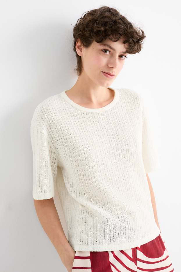 Women - T-shirt - ribbed - cremewhite