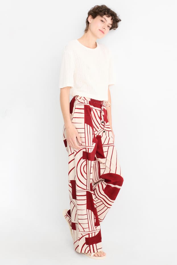 Damen - Stoffhose - High Waist - Wide Leg - gemustert - dunkelrot