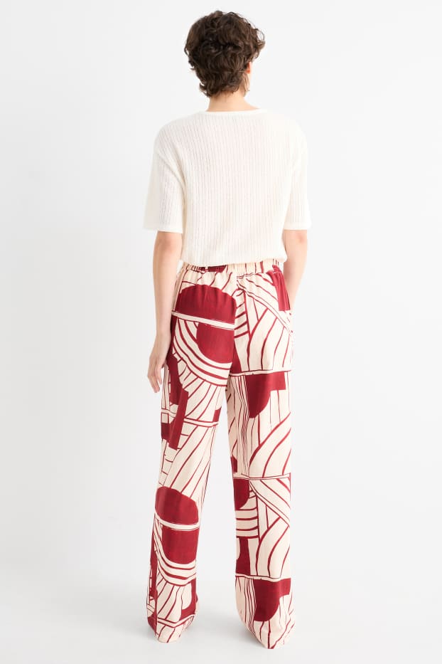 Damen - Stoffhose - High Waist - Wide Leg - gemustert - dunkelrot