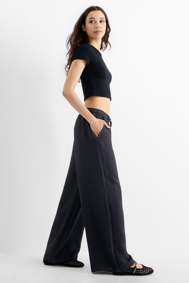 Damen - Stoffhose - Mid Waist - Wide Leg - schwarz