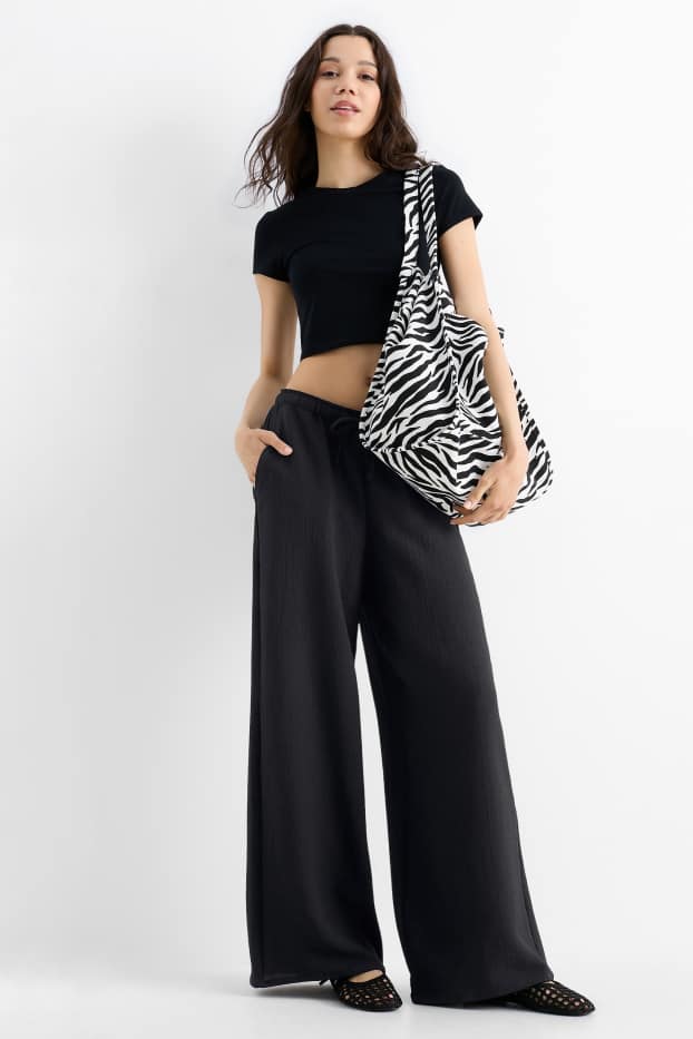 Damen - Stoffhose - Mid Waist - Wide Leg - schwarz