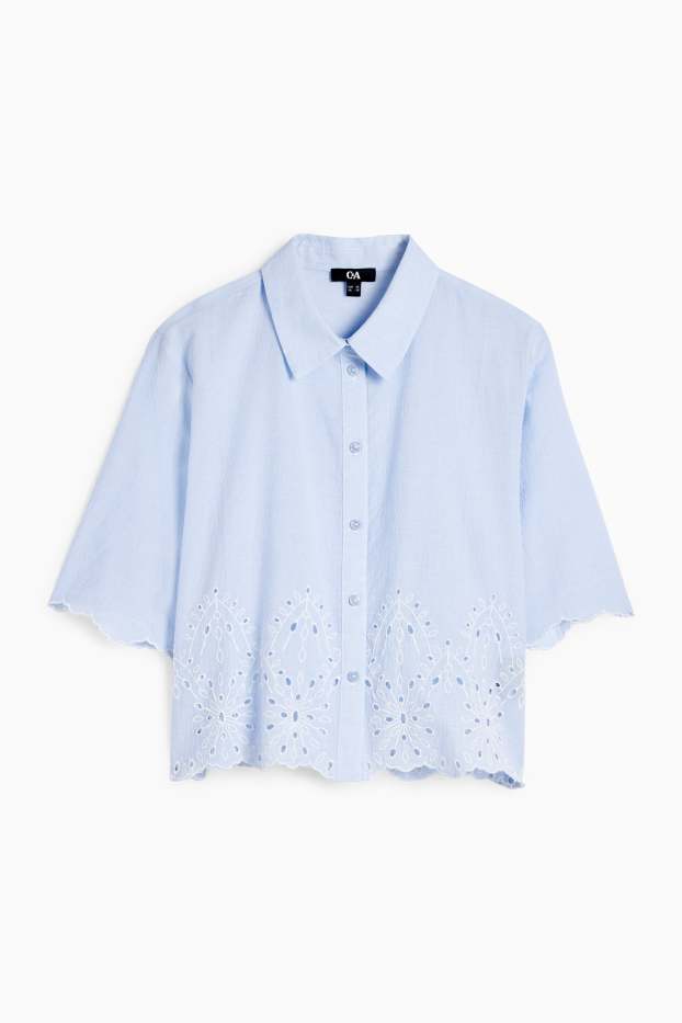 Damen - Bluse - Broderie Anglaise - hellblau