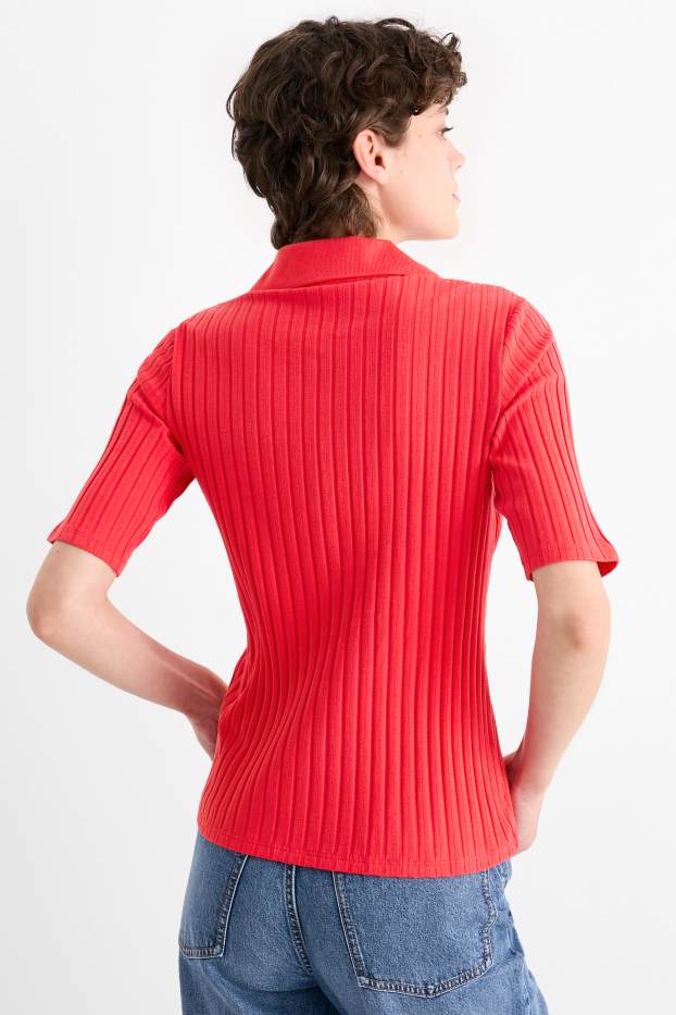 Women - V-neck T-shirt - regular fit - ribbed - red