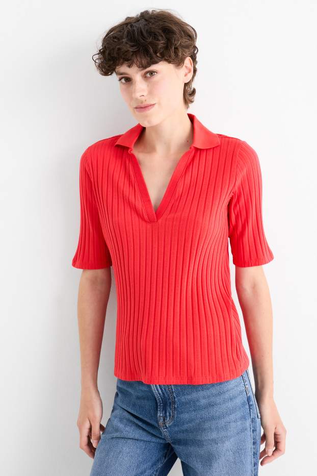 Women - V-neck T-shirt - regular fit - ribbed - red