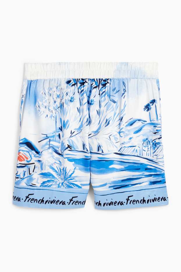 Dámské - Šortky - mid waist - se vzorem - bílá / světle modrá