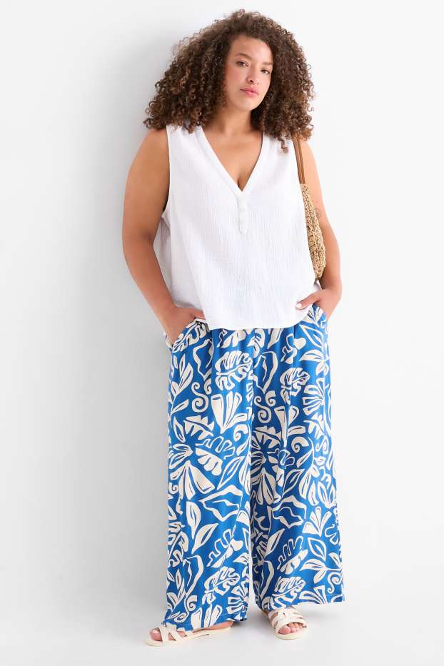 Dona - Pantalons de tela - high waist - wide leg - estampat - blau/blanc