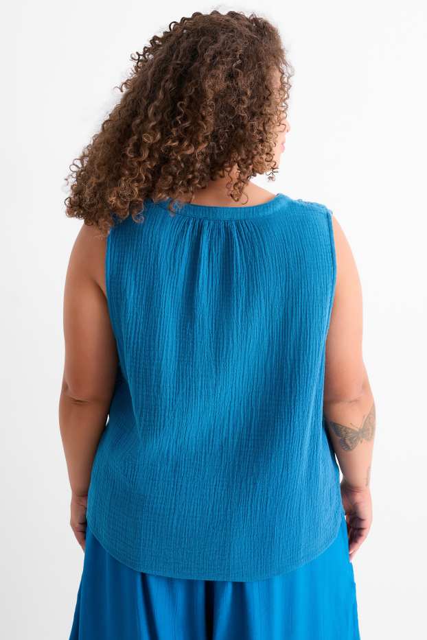 Dames - Blousetop met V-hals - met structuur - donkerblauw