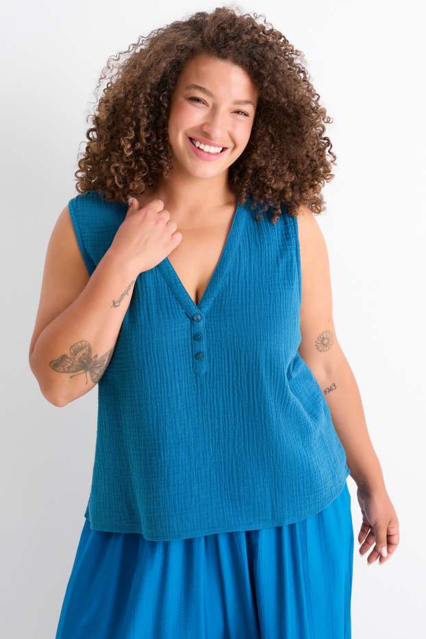 Dames - Blousetop met V-hals - met structuur - donkerblauw