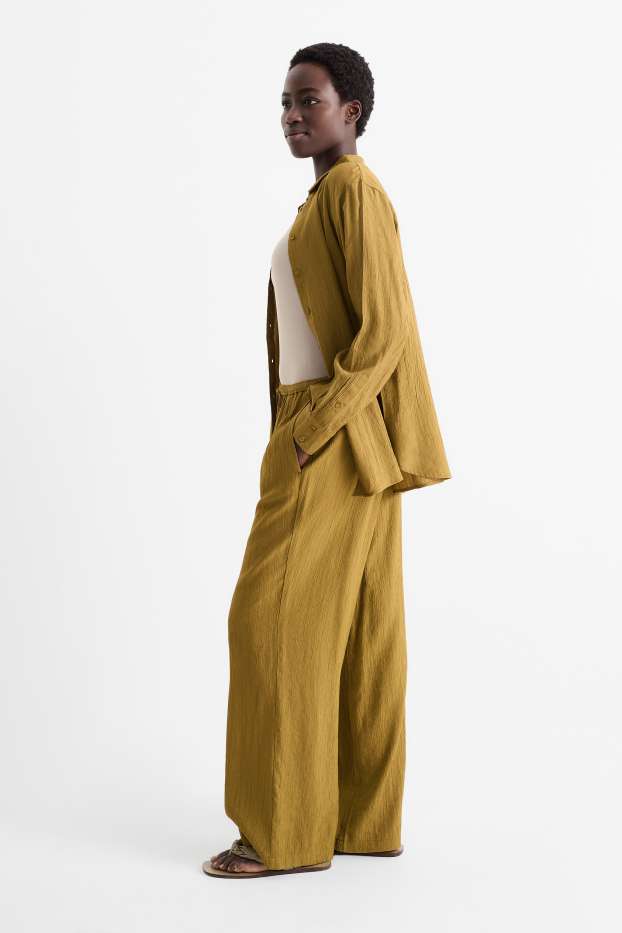 Femmes - Pantalon de toile - mid waist - wide leg - jaune moutarde