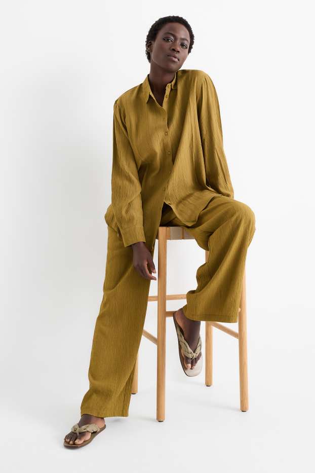 Femmes - Pantalon de toile - mid waist - wide leg - jaune moutarde