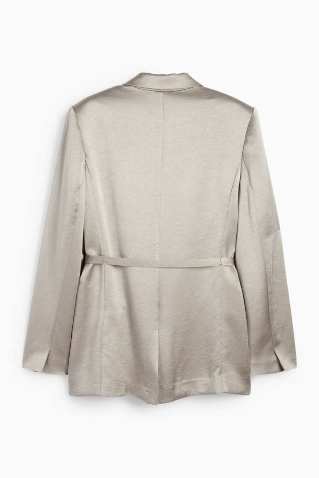 Dames - Lange blazer - getailleerd - glanzend - lichtgrijs